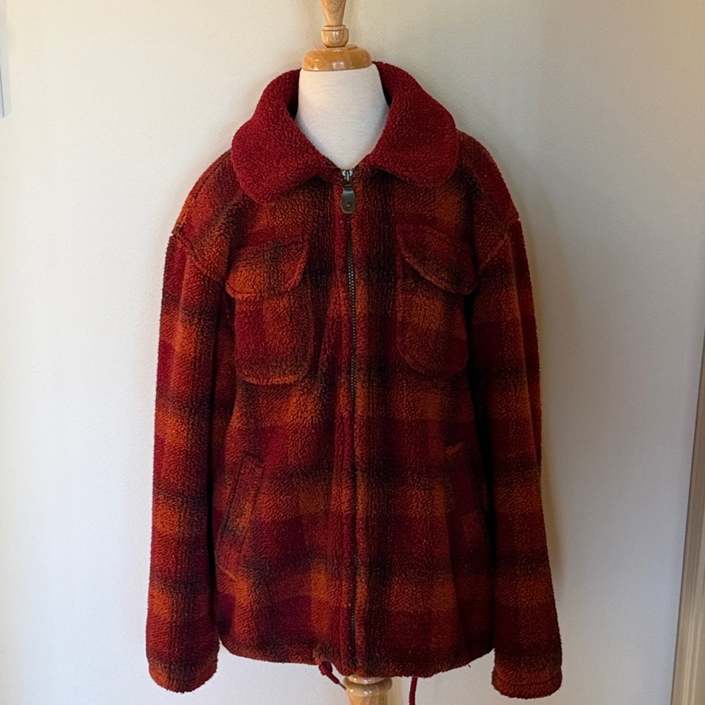 EUC~Woman’s Small Mulberry Street Red & Orange Plaid Multi Pocket Zip-Up Jacket